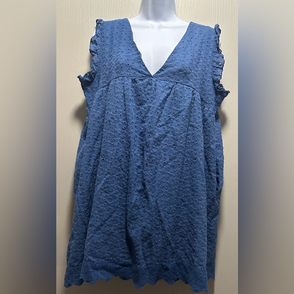 Blue Eyelet Babydoll Dress with Ruffle Sleeves - Size Large - Summer Chic - Picture 11 of 16